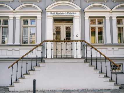 House front with double staircase in the town of Malchow, Mecklenburg-Vorpommern, Germany