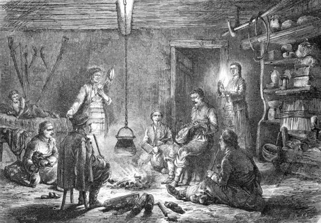 Family in their house in Dalmatia, open campfire in the room, simple conditions, historical,