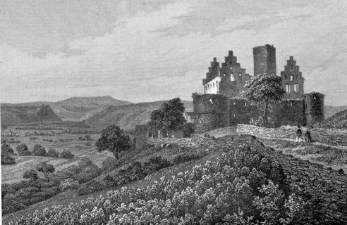 Trimburg in the Middle Ages, actually Trimberg Castle, ruins of a hilltop castle of the Lords of