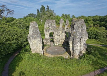Odiham Castle, also known as King John's Castle, is a ruined castle from the 14th century. Aerial