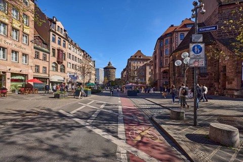 Frauentorturm, pedestrian zone, alleyway, historical buildings, round tower, blue sky, cloudless,