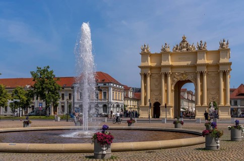 Fountain on Luisenplatz in front of Potsdam's Brandenburg Tor, Brandenburg, Germany