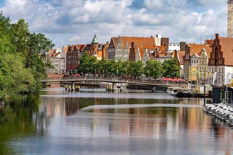 Old town and Trave in the Hanseatic city of Lübeck, Schleswig-Holstein, Germany