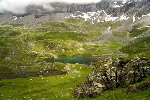 The Lacs des Aires lake in the Cirque de Troumouse basin in the Pyrenees National Park near