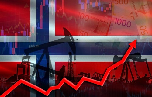 Oil production with Norway flag, petrol industry. Oil pumps with Norway flag