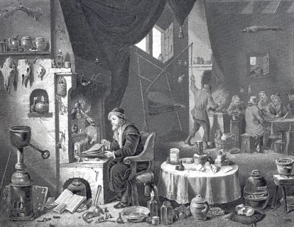 The chemist in his experimental laboratory, steel engraving after a painting by David Teniers,
