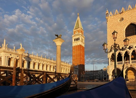 View of the Doge's Palace and the Piazzetta from the water in the morning, Venice, Veneto, Italy