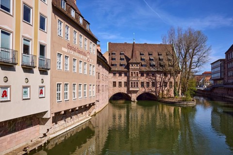 Heilig-Geist-Spital, historic hospital, pharmacy, river Pegnitz, historic buildings, facade,