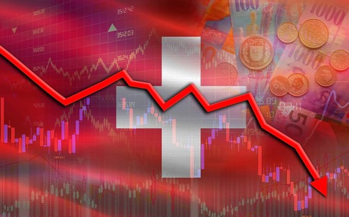 Switzerland financial fall on economy market. Switzerland financial crisis on economic graph
