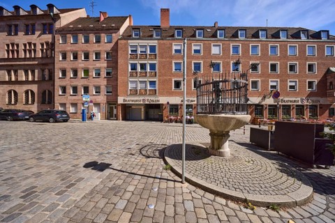 Goose-man fountain, Pankraz Labenwolf, bronze fountain, restaurant, square, cobblestones, blue sky,