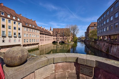 Heilig-Geist-Spital, Spital-Apotheke, river Pegnitz, museum bridge, facades, windows, sandstone