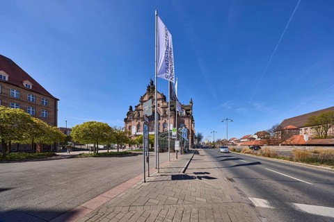 Flags, flagpoles, Nuremberg State Theatre, theatre, trees, general architecture, bus stop,