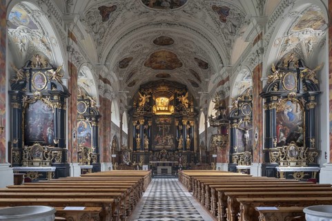 Interior with high altar and Lenten cloth, Wilten Abbey, Klostergasse 7, Wilten, Innsbruck, Austria