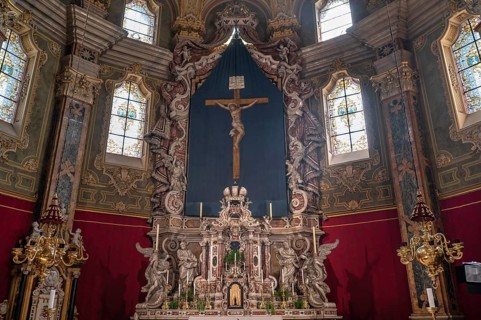 High altar with Lenten cloth in Bressanone Cathedral, Cathedral Square, Bressanone, South Tyrol,