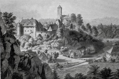 View in the Middle Ages of Aufseß Castle, Aufsess, in the district of Bayreuth, Upper Franconia,