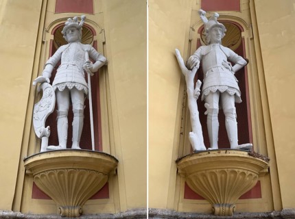 Two sculptures, the giant Haymon founder of the monastery and his opponent the giant Thyrsus,