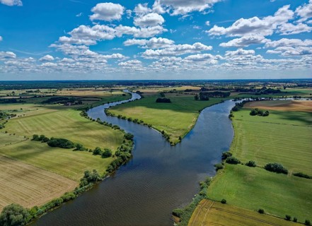 The Aller flows into the Weser at Verden. Aerial view, looking upstream, with the Aller on the left