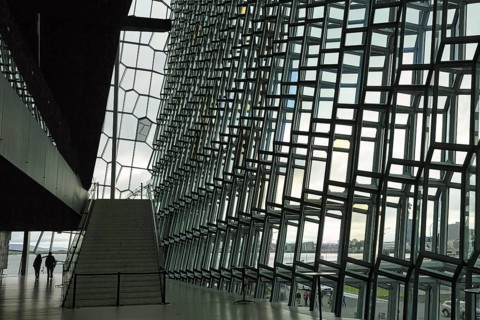Harpa Concert Hall, interior view with staircase and glass façade, architect Henning Larsen, façade