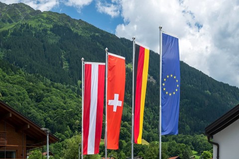 National flags Austria, Switzerland, Germany and Europe, Schruns, Austria