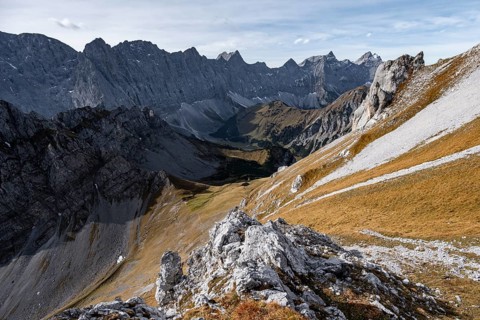 Picturesque mountain landscape in autumn, view of the rocky mountain ridge of the