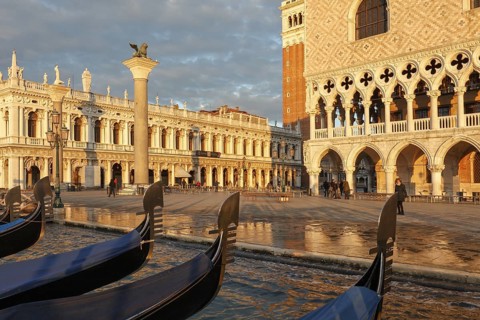 View of the Doge's Palace and the Piazzetta from the water in the morning, Venice, Veneto, Italy