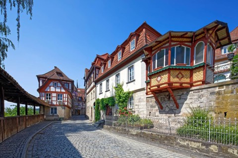 From left, battlements, half-timbered houses, driveway Strauer Torweg into upper town, cobbled, old
