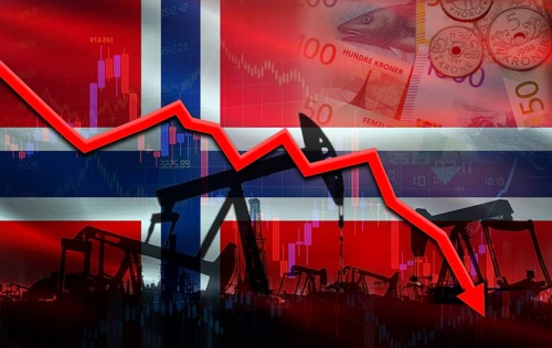 Petrol crisis with Norway flag on financial graph. Fall oil price with flag of Norway on economic