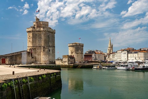Harbour entrance to the old Vieux Port with the medieval towers Tour St.-Nicolas, Tour de la