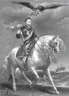Equestrian portrait of Emperor Charles V on horseback, with an eagle hovering over the scene with a