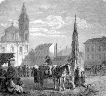 On the town square in Pest, today Budapest, Hungary, Historical, Reproduction from a model with a
