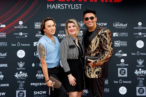Jeldos Stecker, Janine Becker and Matthias Mangiapane at the VIP opening of the new Deinhard Salon