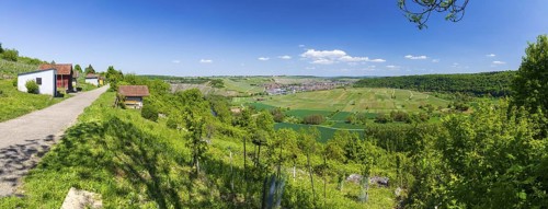 Panorama of the view of Hessigheim with a view over the Neckar loop and vineyards, Besigheim,