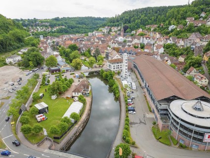 A river runs through the cityscape with a Ferris wheel and environmentally friendly surroundings,