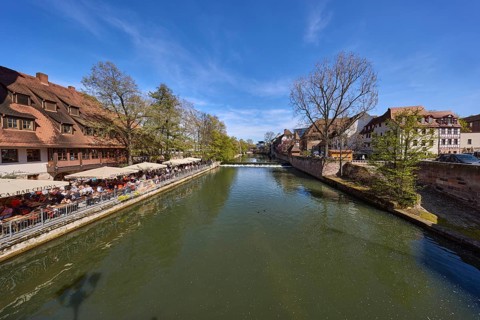 River Pegnitz, weir, trees, general architecture, outdoor area, gastronomy, Cafe and Bar Celona,