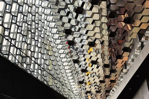 Honeycomb windows, glass façade, interior view, Harpa concert hall, architect Henning Larsen,