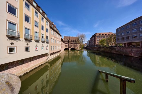 Heilig-Geist-Spital, Spital-Apotheke, historical buildings, river Pegnitz, facade, windows, trees,