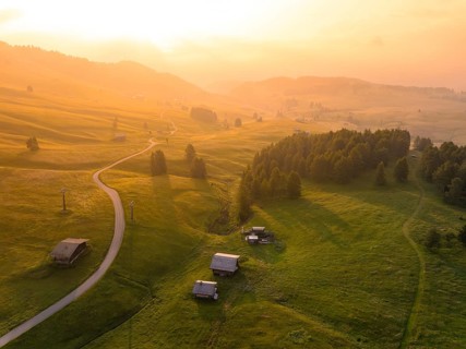 Green landscape with meadows, hills and scattered trees in the soft evening light, Alpe di Siusi,