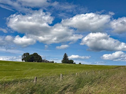 Wide green meadow under a sky with imposing clouds and a rural building in the distance,