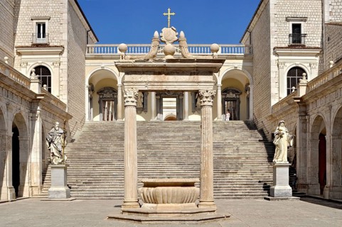 Bramante cloister with cistern and statues of St Benedict and St Scholastica of Nursia, Benedictine