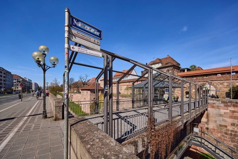 Old town, pedestrian bridge, city fortification, city wall, city gate, street sign, signpost,