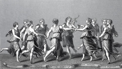 Apollo and the nine muses, steel engraving after a painting by Antoniazzo Romano, actually Antonio