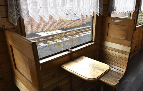 Buffet car, dining car of the Raging Roland on Rügen, Mecklenburg-Western Pomerania, Germany