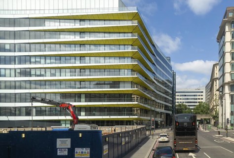 View from double decker bus window of Riverbank House, Upper Thames Street, London, England, UK