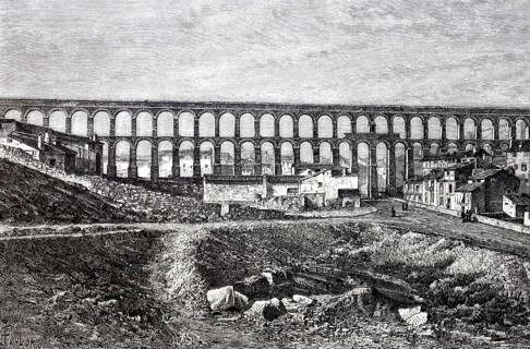 The ancient Roman water conduit, aqueduct, in Segovia, around 1890, Spain, Historical, digitally
