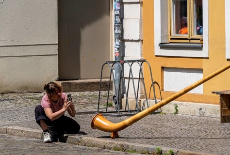 Young woman photographing an alphorn, Potsdam, Brandenburg, Germany