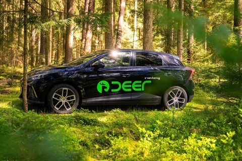Side view of a black car in the forest, with green brand logo and natural light, MG 4, Deer E- Car