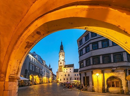 Night-time view of Untermarkt - Lower Market Square and the Old Town Hall Clock Tower, Görlitz,