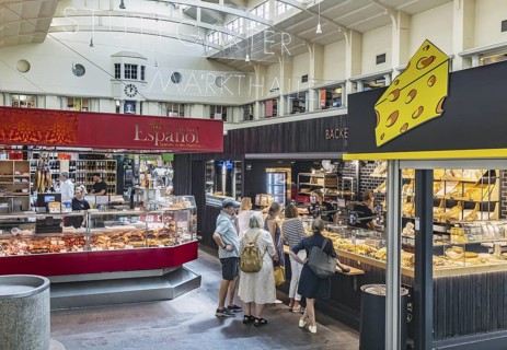 Stuttgart market hall in Art Nouveau architectural style. Food market in the upper price segment.