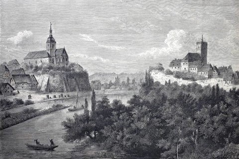 View of Lauffen am Neckar, 1869, Castle and Regiswindiskirche, District of Heilbronn,