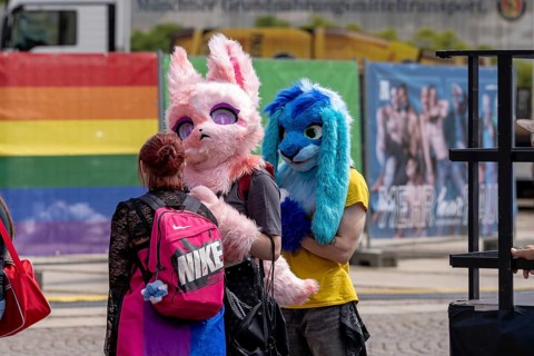 Participants with plush bunny masks, so-called furries, at Christopher Street Day in Leipzig on 28